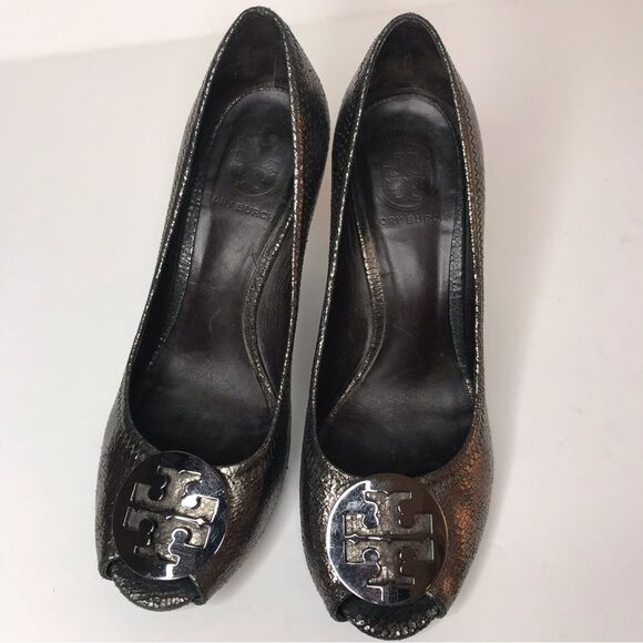 Tory Burch Julianne peep toe dark metallic wedge Sz 8 - Picture 1 of 10